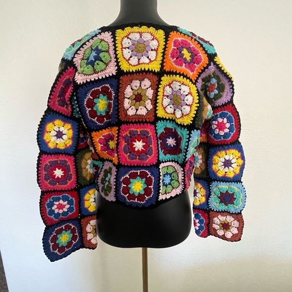 EUC Wild Orange Tree Crochet Granny Square Cardigan Sweater Boho - Picture 5 of 11